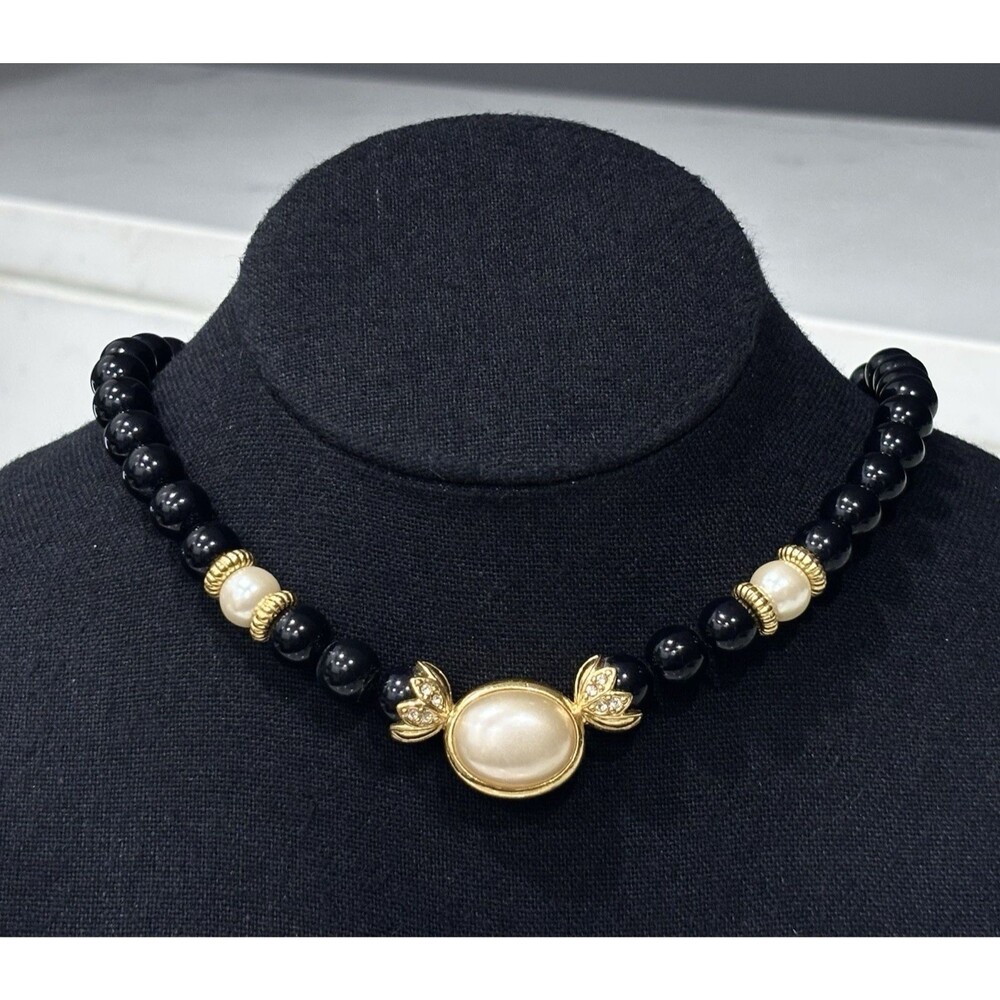 Vintage Avon Necklace Faux Pearl Black Bead Rhinestone Gold Tone 19"
